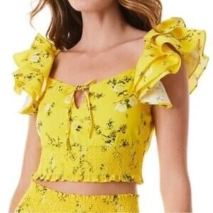 Alice + Olivia Shanae Ruffle Sleeve Tie Top in Escape Ditsy Sunbeam Size L